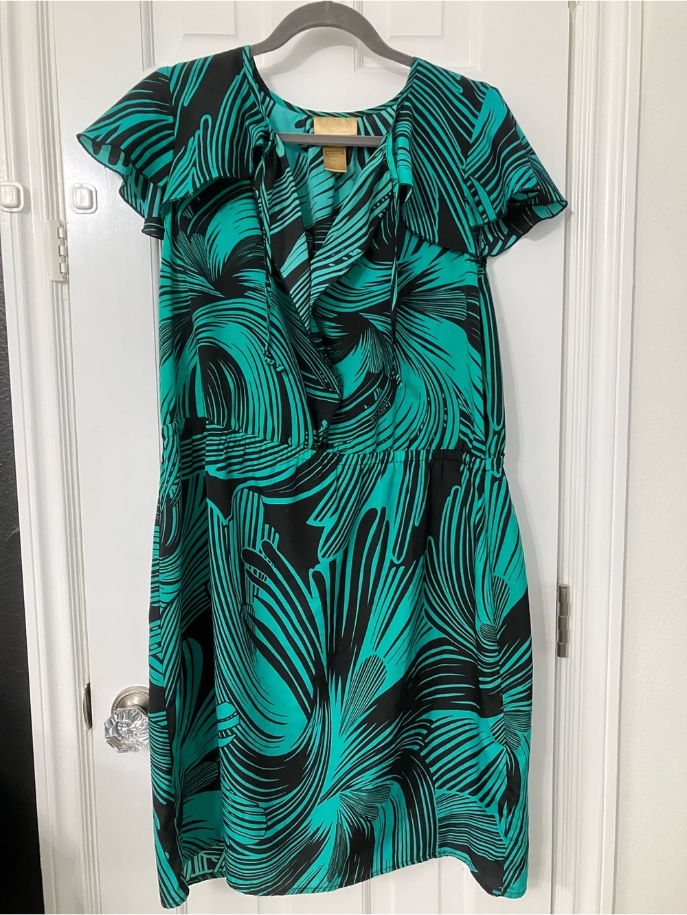 Miss Tina Teal and Black Ruffle-Front Midi Dress